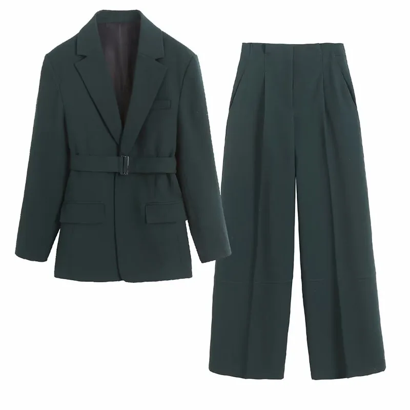 

ZATRHMBM Women 2023 Chic Fashion Matching Belt Straight Blazer And Zip Fly High Waist Pants Female Two Piece Sets Mujer