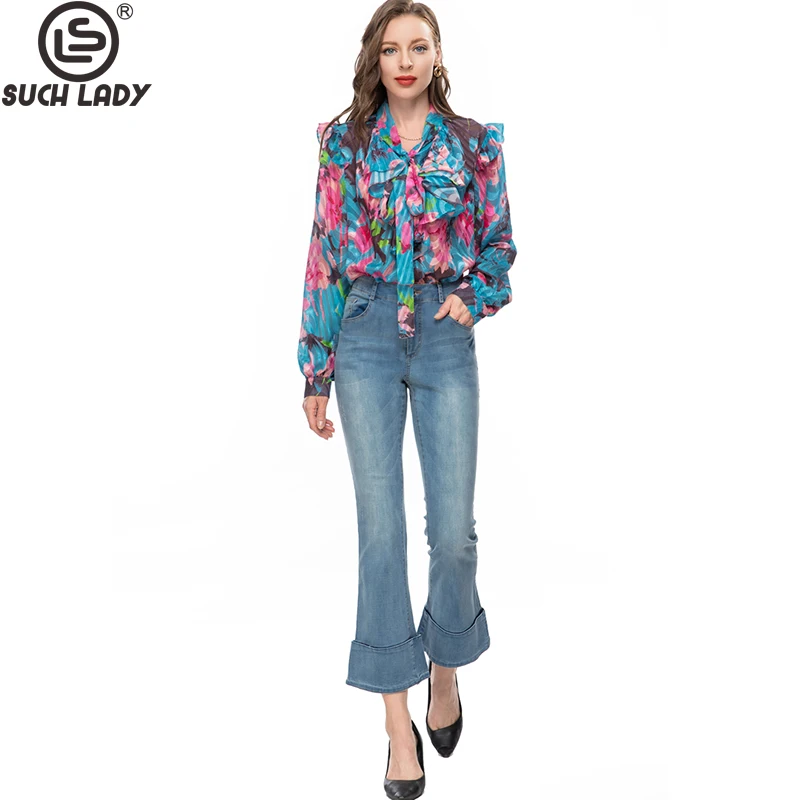 Women's Runway Two Piece Pants Long Sleeves Lace Up Printed Shirt with Denim Pant Fashion Twinset Sets