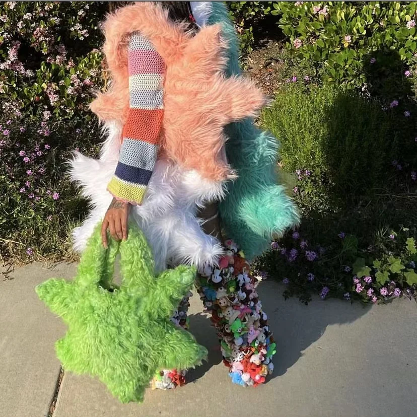 Star Design Crossbody Bags for Women Fluffy Plush Shoulder Bag Faux Mongolian Fur Bag Luxury Soft Women Handbags and Purses Tote