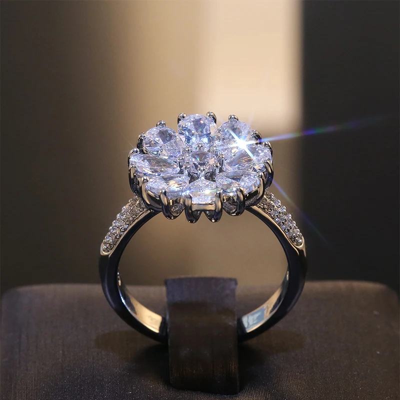 

Huitan AAA Cubic Zirconia Flower Design For Women Ring Romantic Anniversary Birthday Gift Paved Stone Fine Fashion Jewelry Trend