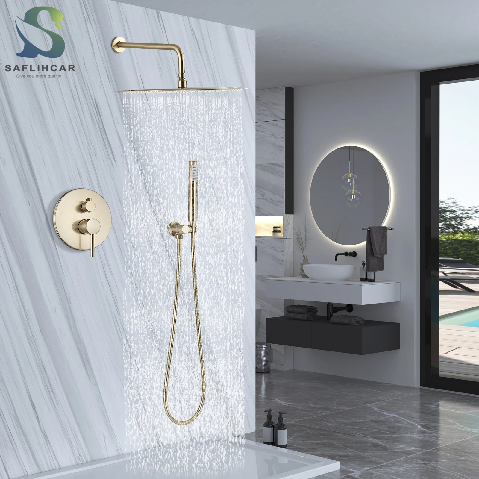 Матовый золотой скрытый смеситель для душа Настенный Круглый латунный 8