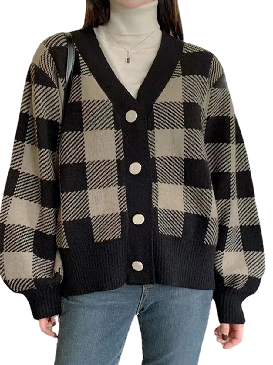 

Женский клетчатый свитер BEAFNKSG, винтажный Кардиган с длинным рукавом и V-образным вырезом, короткая трикотажная одежда на пуговицах, милый вя...