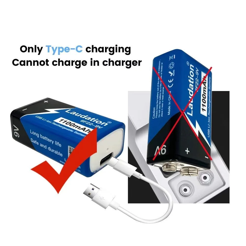 Фото  Аккумулятор литий-ионный 6F22 9V 1500мАч, перезаряжаемый, USB, подходит для мультиметра, микрофона, игрушек, пультов ДУ, KTV №4