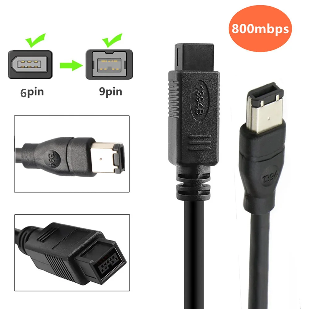 Черный Кабель IEEE 1394 Firewire 800 к Firewire 400, 9-контактный
