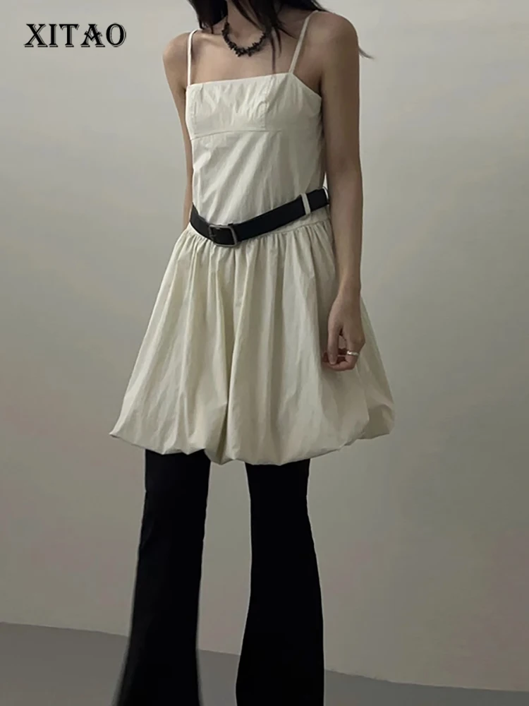 

XITAO Solid Color Square Collar Dress Pullover Spaghetti Strap Loose Above Knee Mini 2023 Summer New Arrival New Arrival HQQ0848
