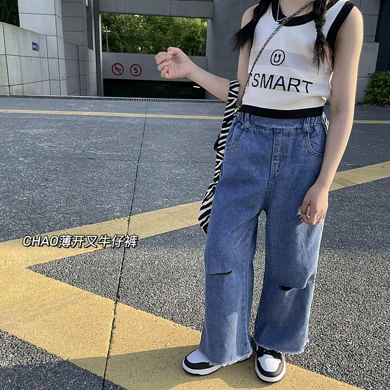 

Джинсы для девочек в иностранном стиле, детские новые корейские широкие брюки с разрезом, повседневные брюки 6-78