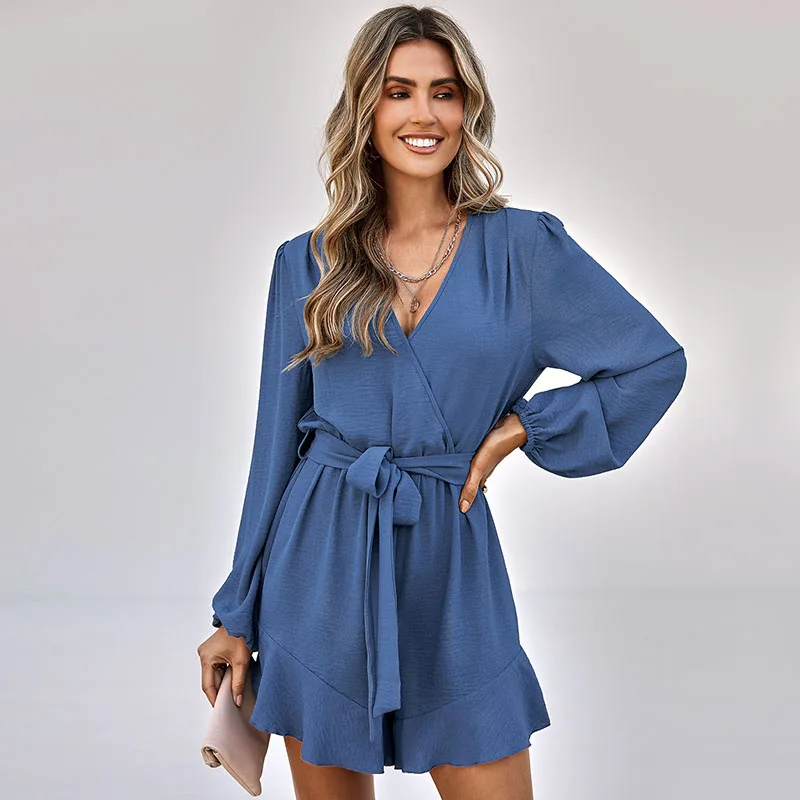 Ardm Elegant V Neck Solid Jumpsuit Women 2022 Casual Long Sleeve With Belt Ruffle Romper Playsuit