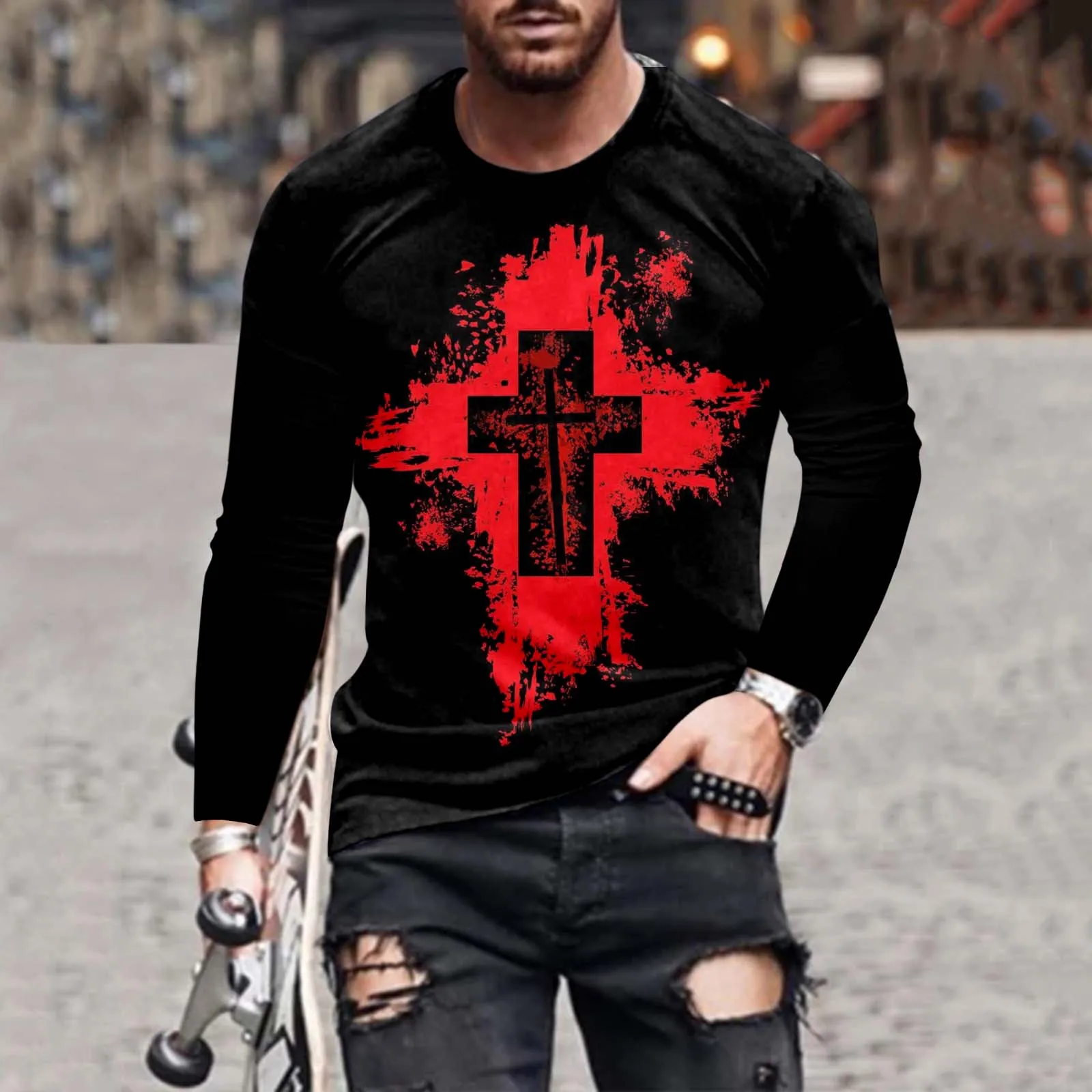 

Pack Mens T Shirts Male Halloween Cross Print T Shirt Blouse Long Sleeve Round Neck Tops T Shirt Mens Mock Turtle Tops