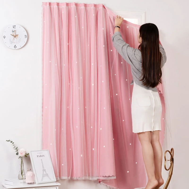 Cortinas opacas de Velcro para el hogar, accesorios de decoración de estrellas rosadas para ventana, dormitorio y sala de estar, TJ1620