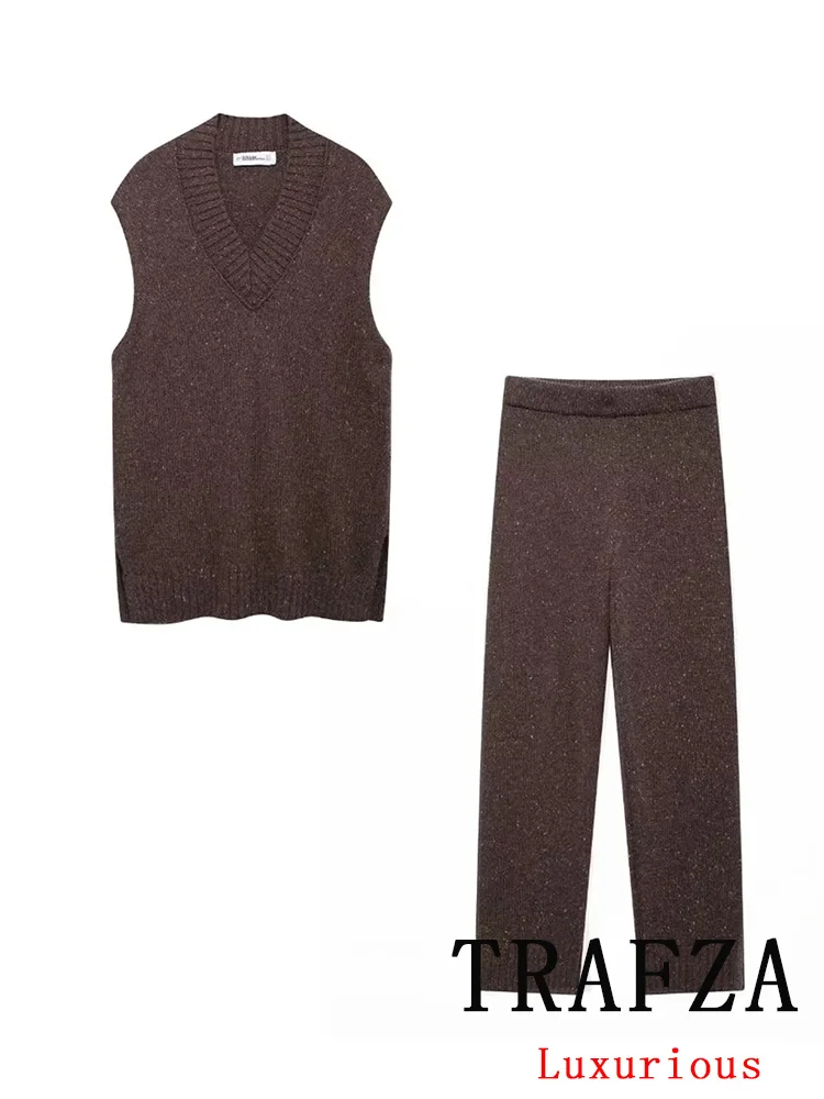 TRAFZA винтажный повседневный шикарный женский вязаный костюм коричневый