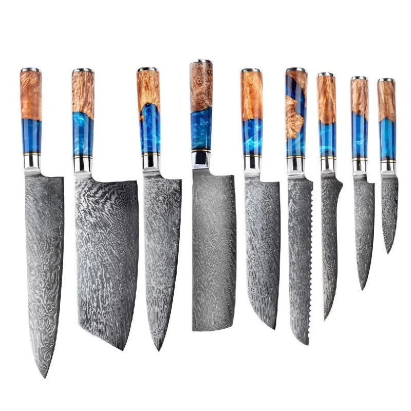 

9PCS Kitchen Knife Set High Carbon Japanese VG10 Damascus Steel Chef Knife Resin Handle Kitchen Knife Santoku Knife Bread Knife