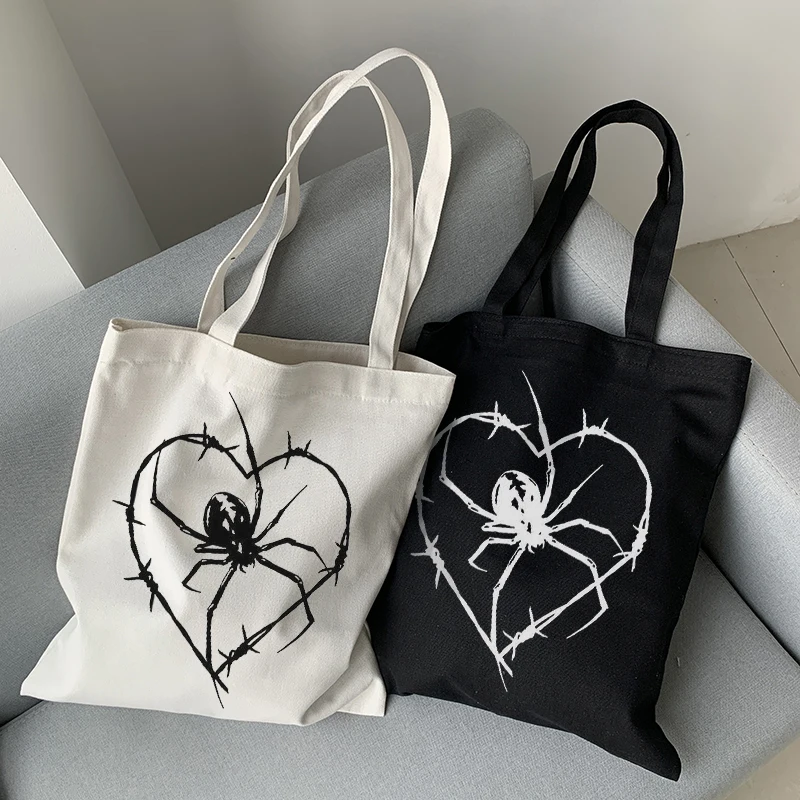 Купи Gothic spider print Women Handbags Custom Canvas Tote Bag Print Daily Reusable Casual Shopping Bag Shoulder Bags за 120 рублей в магазине AliExpress