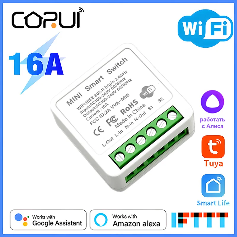 

CoRui 16A Tuya Wifi Smart Switch Supporte 2-way Control Timer Wireless Switch Smart Home Automation Works with Alexa Google Home