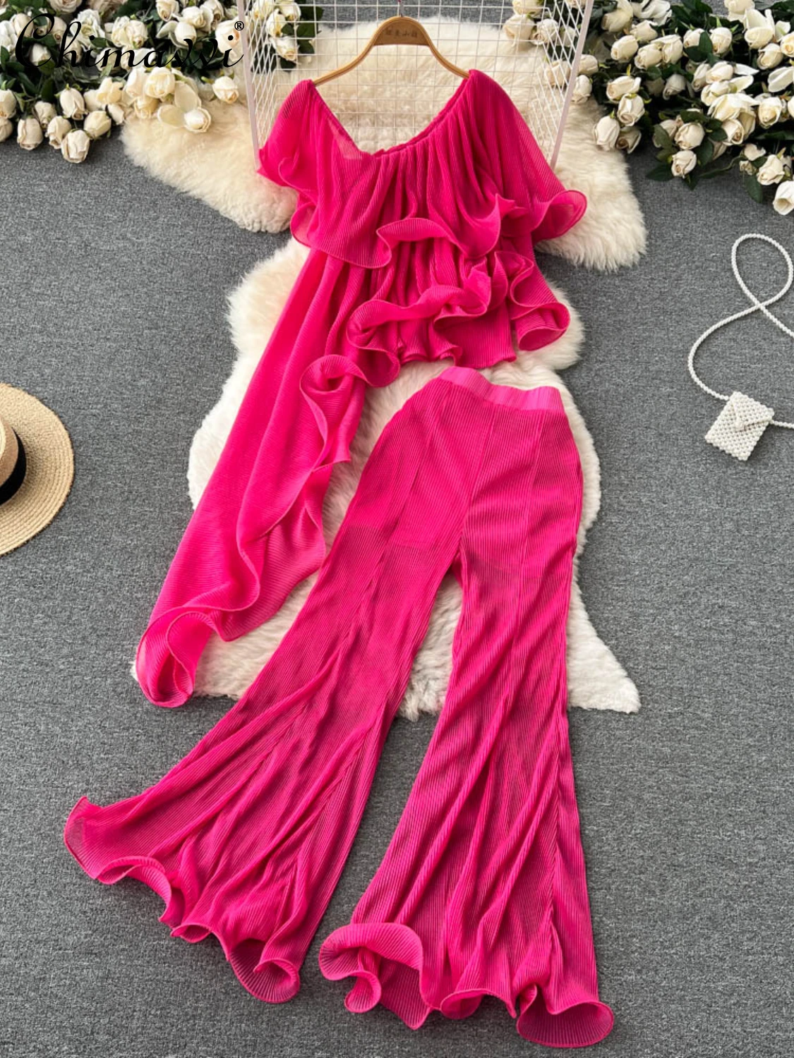 

Fashion Design Suit for Women 2022 Summer New Ruffled Irregular Hem Top High Waist Slim-Fit Wide-Leg Pants Temperament Twinset