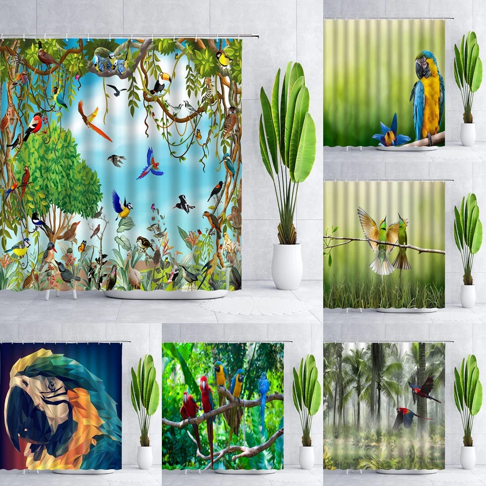 

Tropical Jungle Parrot Shower Curtains Palm Tree Natural Scenery Birds Animal Bathroom Decor Fabric Curtain Bathtub Screen Sets