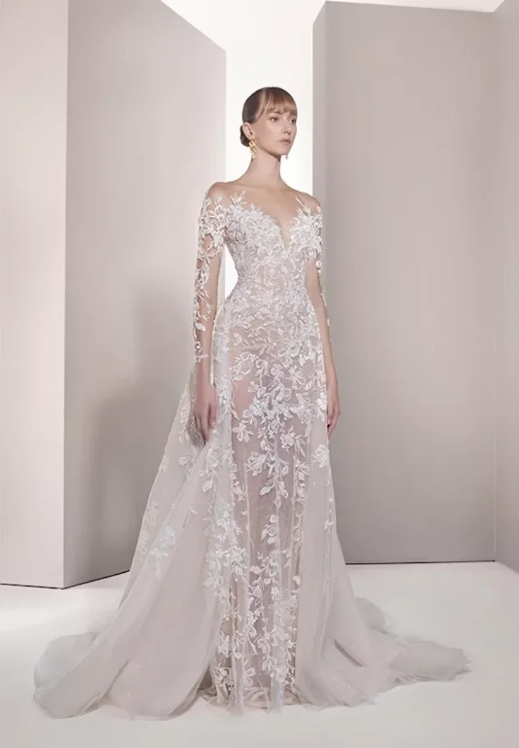 Свадебное платье Русалка Vestido De Novia Cola Desmontable Noivas Simples Abiti Da Sposa Sartorial Lace Vestidos Manga Larga