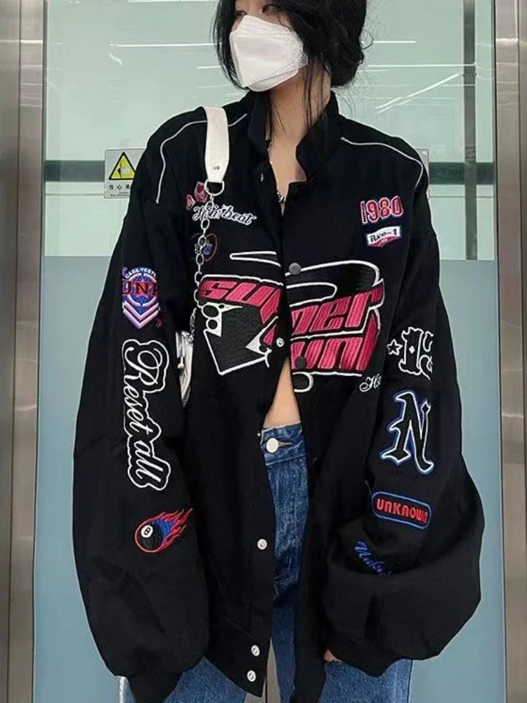 

HOUZHOU Black Vintage Jacket Women Casual Oversized Jackets Long Sleeve Baseball Uniform Kpop Harajuku Fashion Streetwear Y2k
