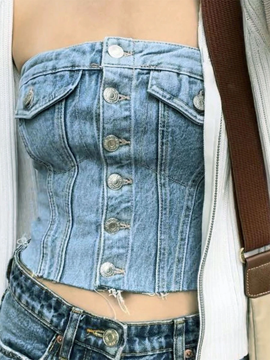 

hirigin Women Sexy Y2k Tops Off Shoulder Strapless Denim Tube Top Summer Cute Sleeveless Crop Bustier Bustier Tanks Vest 2023