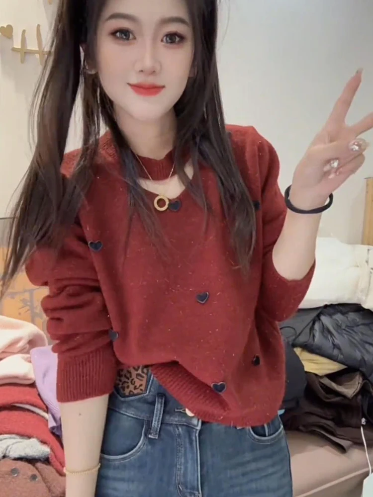 Love Print Hollow out Knit Sweater Lazy High Sense Winter 2024 New Temperament Women Top