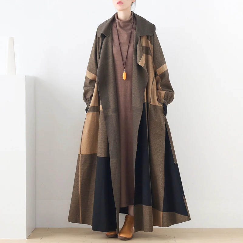 TIYIHAILEY Free Shipping 2022 New Vintage Coat For Women Loose Outerwear Full Lantern Sleeve Maxi Cardigan Wool Plaid