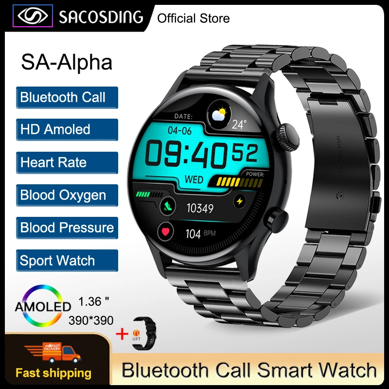 

Умные часы SA-Alpha-2 для мужчин, AMOLED экран 390*390 HD 1,36 дюйма, пульсометр, Bluetooth-вызов, IP68, водонепроницаемые Смарт-часы для женщин