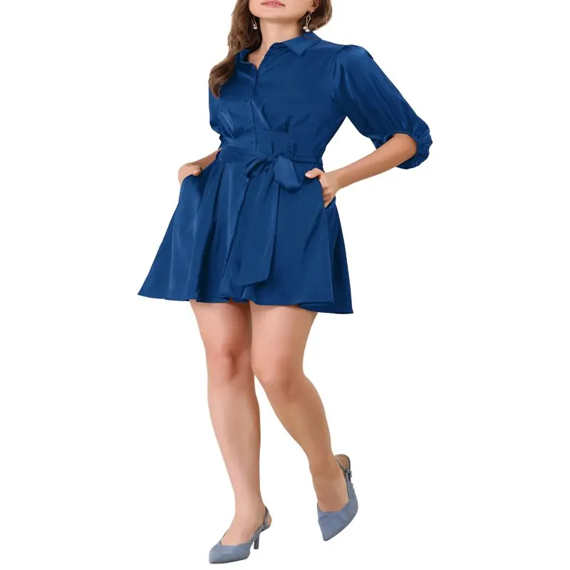 

Women`s Elegant Half Sleeve Pleated Waist Belted Shirt Dress