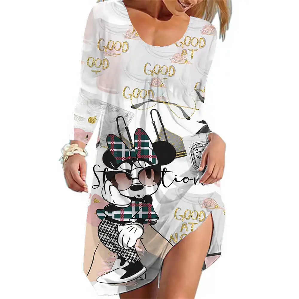 

Disney Minnie Mouse Print Beach Mini Women's Dress Fall Long Sleeve Loose Casual Boho Women's Dress