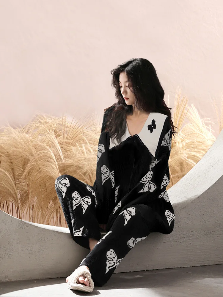 Осень и зима новые пижамы из кораллового флиса женские повседневные свободные