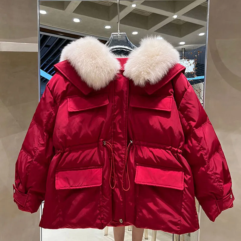 Большая зимняя куртка из натурального Лисьего меха 90% пуховое пальто белой утки