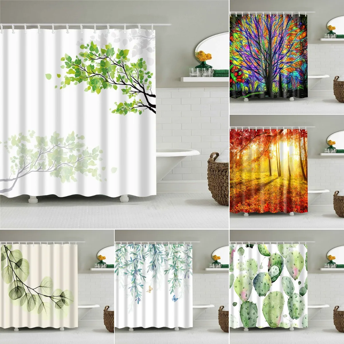 

Plant Leaves Tree Bathroom Shower Curtain Waterproof Hooks Hanging Curtains Bath Screen Decor Flowers Tree Print Shower Curtain