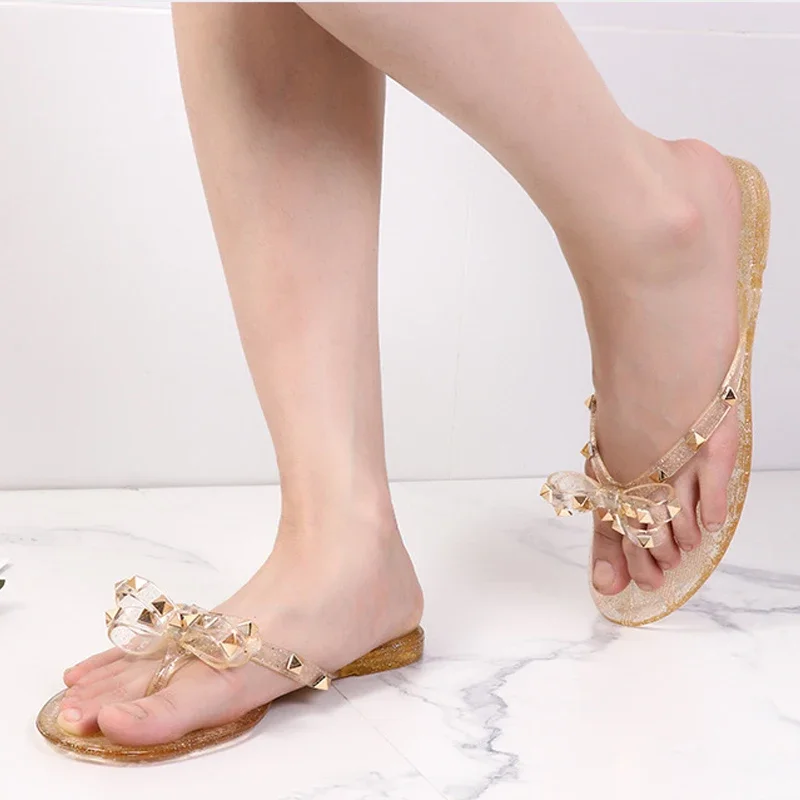 Летние женские тапочки шлепанцы с бантом ранние сандалии уличная прозрачная