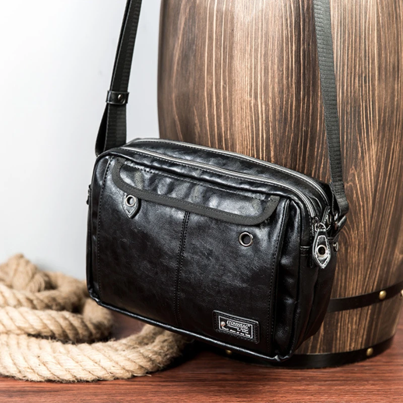 

Vintage Zipper Men's Crossbody Bags Double Deck Small Square Shoulder Bag Classic Leather Male Sling Cross Body Bags