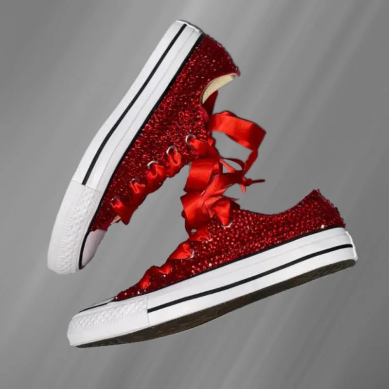 Red Low Cut Rhinestone Ribbon Canvas Shoes Comfortable Walking Sneakers Handmade Rhinestone Vulcanized Shoes 35-46