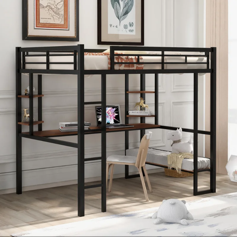 

Ull Size Loft Metal&MDF Bed with Long Desk and Shelves\ Black Black Metal [US Stock]