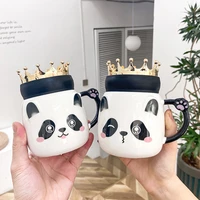 cute crown cartoon panda mug with lid breakfast cup drinkware morning golden handle mug milk coffee tea mug