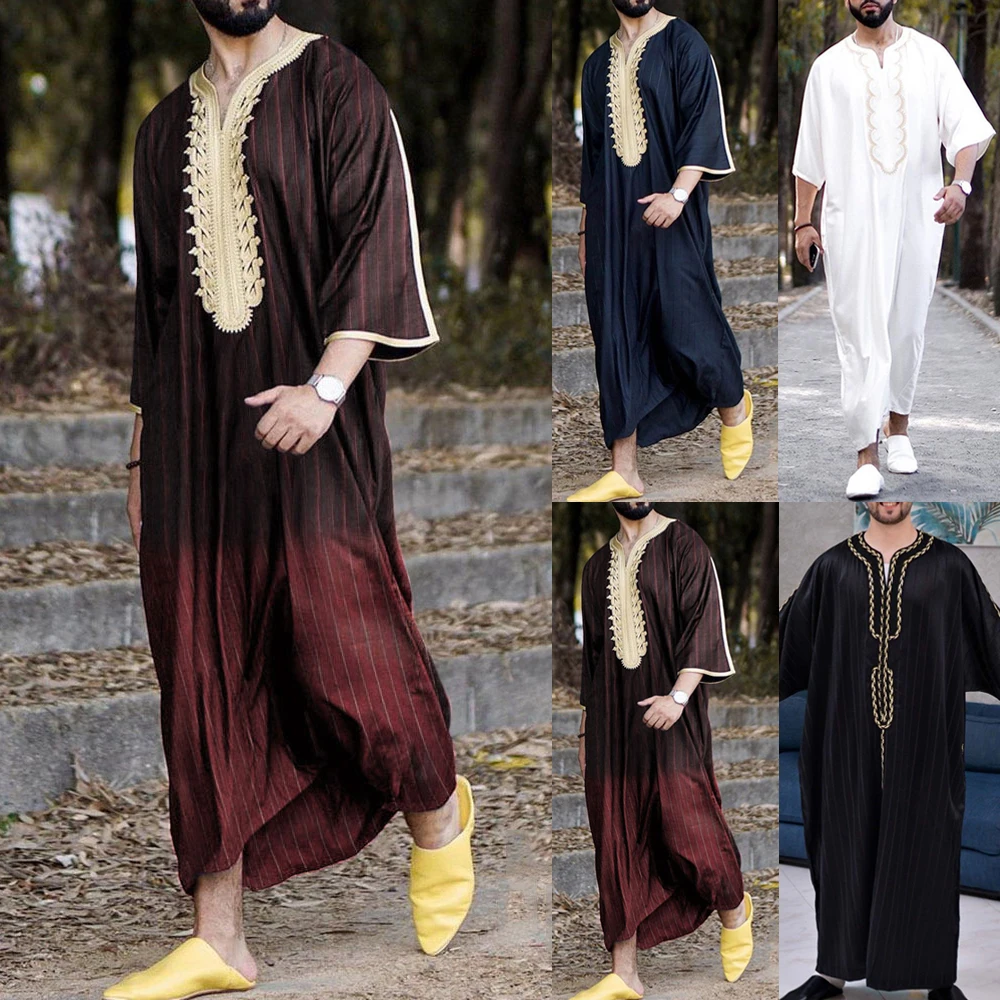 

Muslim Men Jubba Thobe Long Sleeve Islamic Clothing Embroidery V-Neck Kimono Robe Abaya Caftan Dubai Arab Dress Shirts