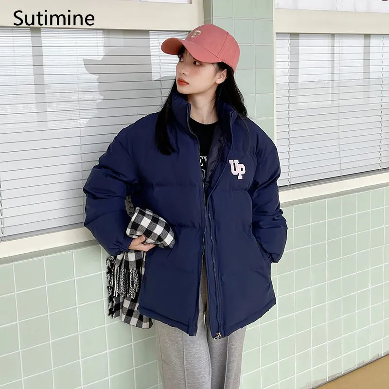 Winter Clothes Women Office Lady Pockets Color Blocked Down Cotton Coat College Style Loose Casual Coat Patch Designs Coat Women