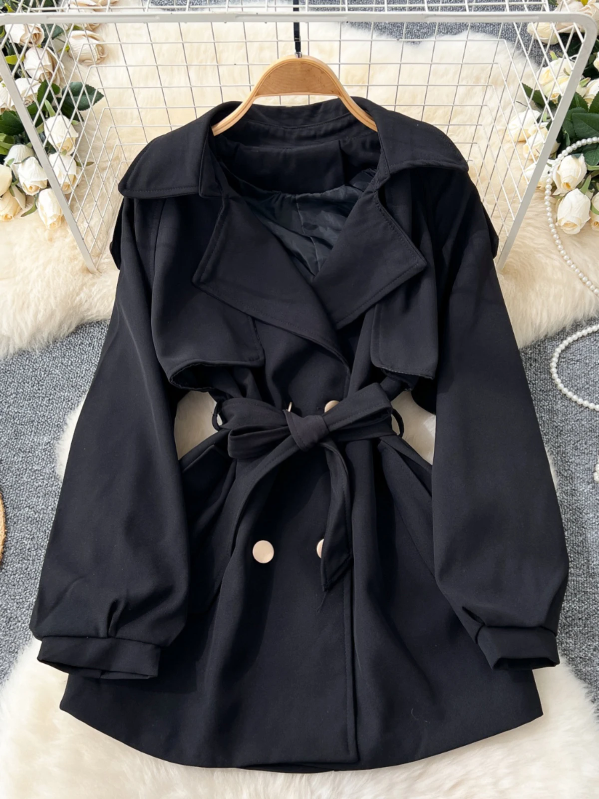 Женский двубортный тренчкот с поясом ветровка отложным воротником и длинным