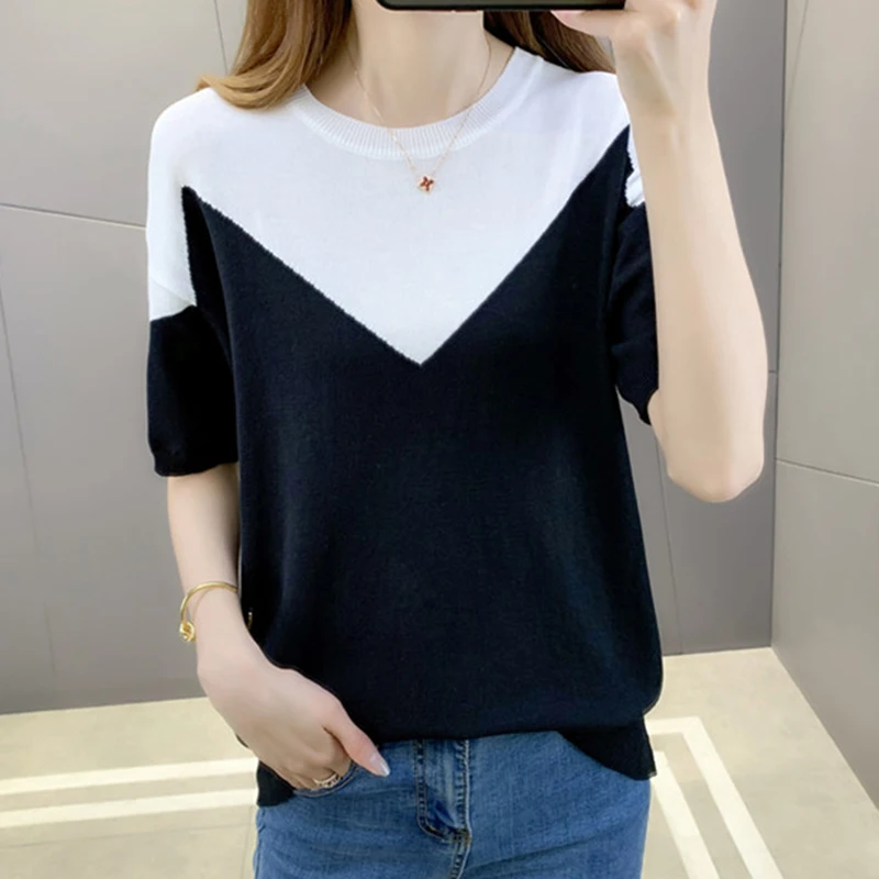 

Summer Knitted T Shirt Women Short Sleeve T Shirts Ladies Tops 2022 Contrast Color O Neck Patchwork Woman Clothes Poleras Mujer