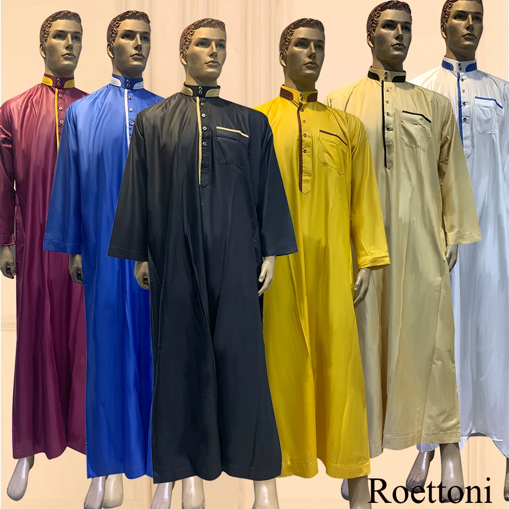 Ramadan Muslim Men's Prayer Robe Collar 1 Pieces Long Loose Kaftan  Jubba Thobe Pakistan Qatar Abaya Saudi Djellaba Arabic Cloth