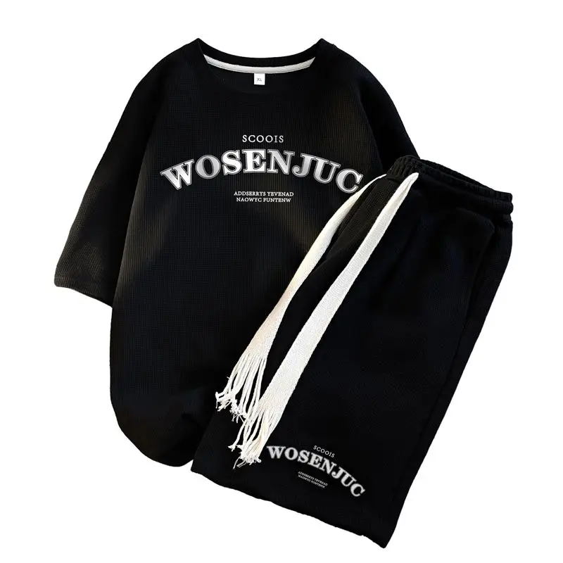 Harajuku Style Hong Kong Style Waffle Suit Men's Summer Sports Loose Short Sleeve Fashion Brand Ins Casual Shorts Men's