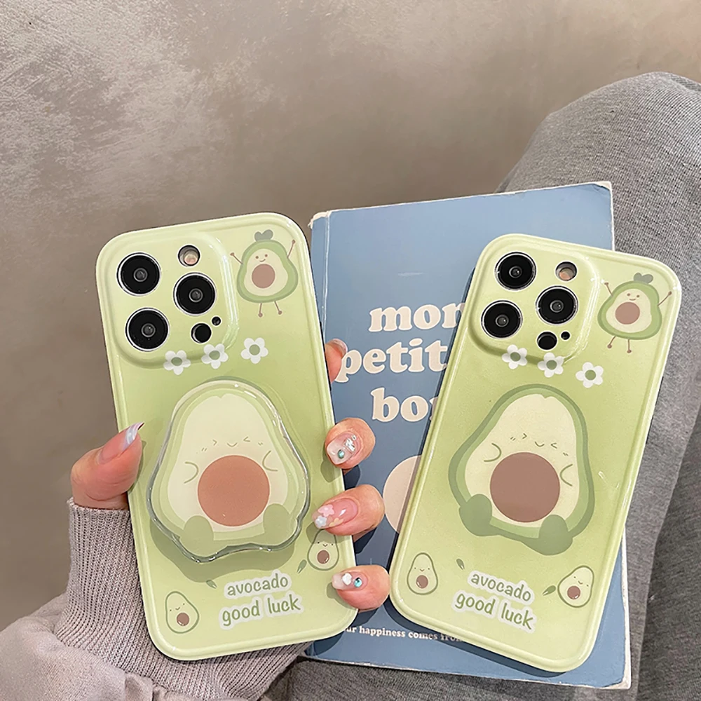 

3D Cute Avocado Cartoon Fruit Shockproof Bumper Stand Holder Phone Case For iPhone 14 11 12 13 Pro Max Soft Back Cover Case