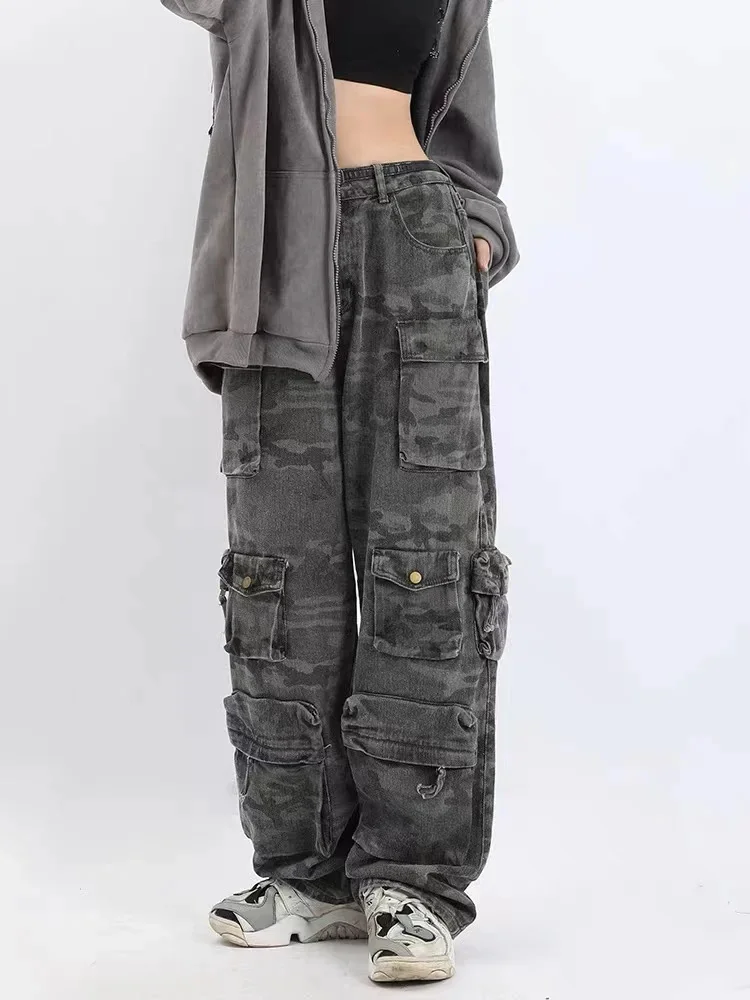 

2023 American New Retro Camouflage Overalls Female Y2K Street Hip Hop Fried Street Casual Loose Wide-leg Pants High Street Tide