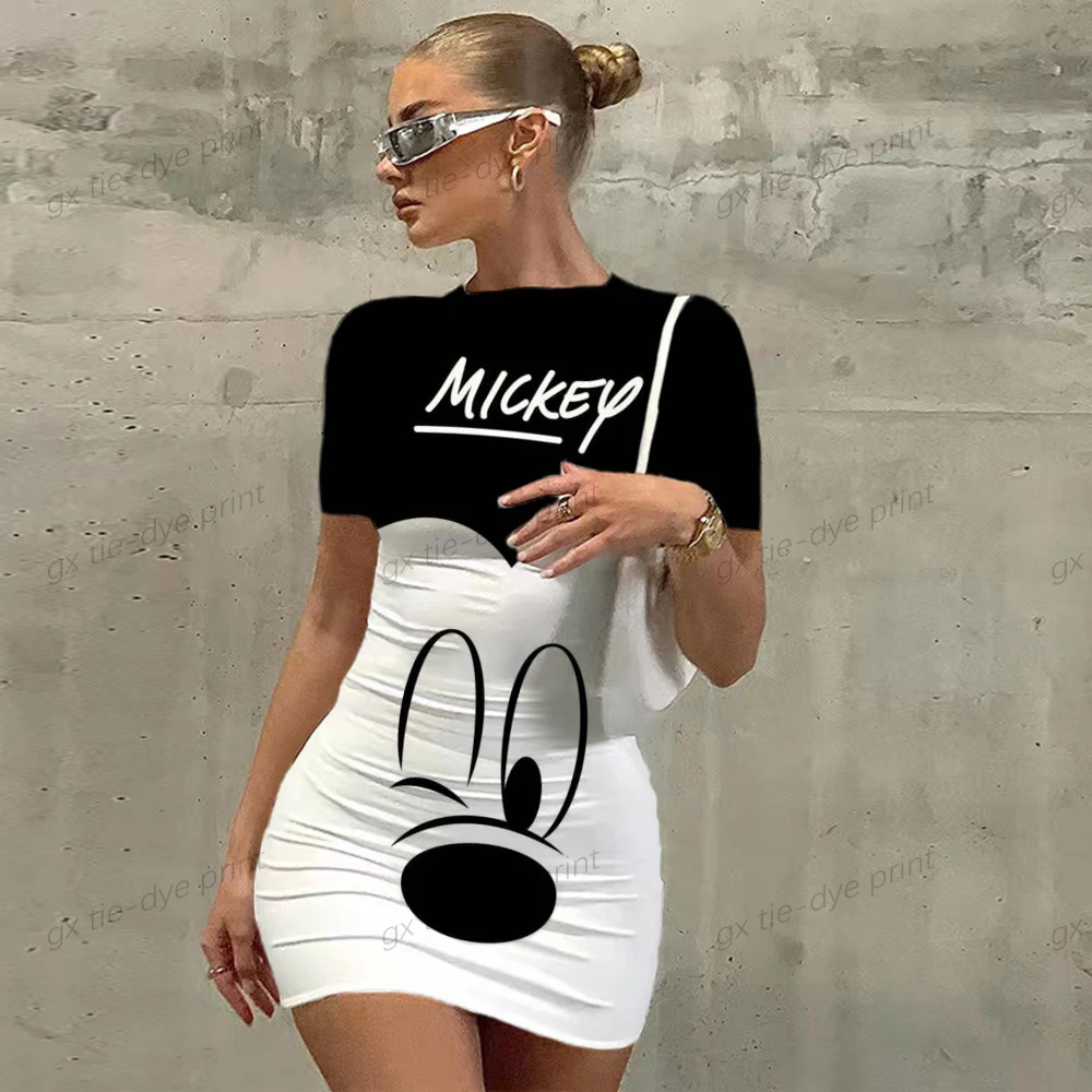 Fashion Disney Mickey Mouse Mini Dress For Women Summer New Casual Short Sleeves High Waist Sweet Dresses Party Femme Vestido