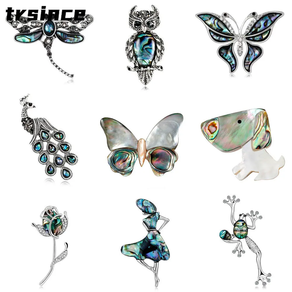 

Fashion Creative Natural Abalone Shell Tulip Brooch Insect Series Pin Feather Cat Dragonfly Animal Brooches for Women Luxury