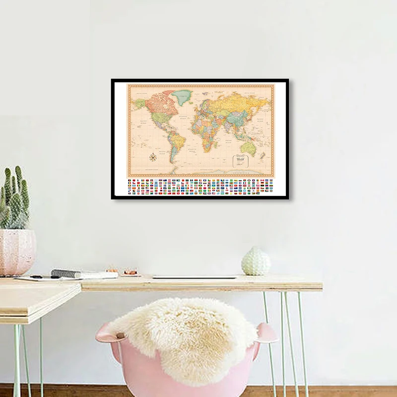 

Настенные художественные постеры в стиле ретро, Карта мира с национальными флагами, Картина на холсте, обучающий гобелен, украшение для дом...
