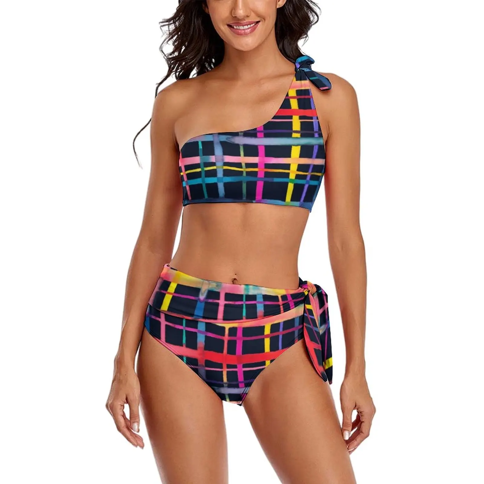 

Sexy Abstract Geometry Bikini Swimsuit Multicolor Checkered Swimwear High Waist Simple Bikinis Set Push Up Feminine Bikinis