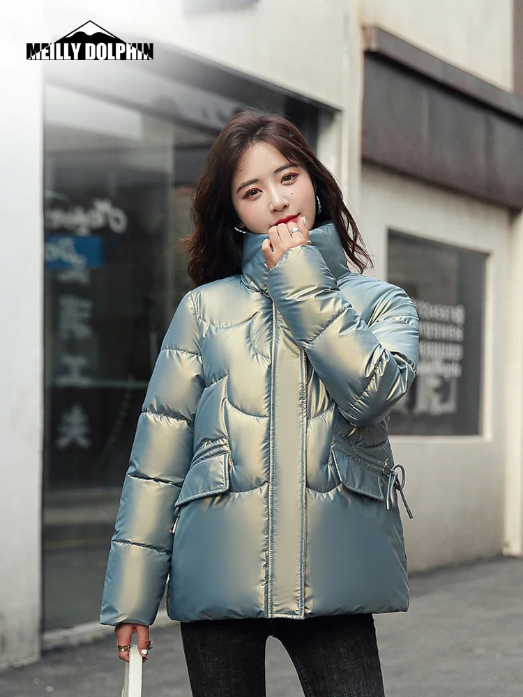 New 2022 Glossy Stand Collar Cotton Padded Winter Jacket Women Short Casual Autumn Winter Clothes Student Coat Female
