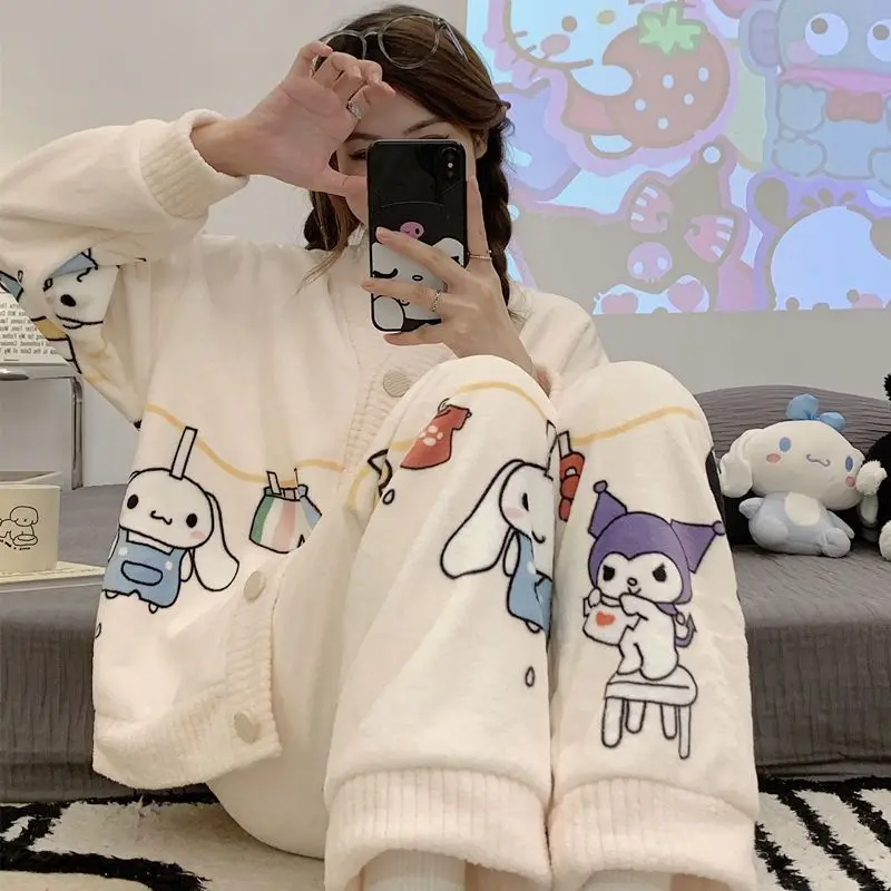 

Sanrio Cinnamoroll Kuromi My Melody Plush Pajamas Y2K Kawaii Disney Linabell Loungewear Women's Winter Velvet Padded Pajamas