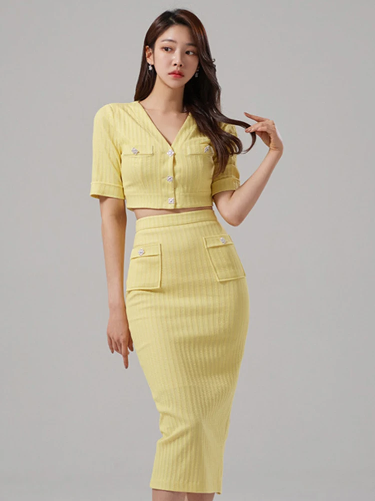 

Korean 2 Pieces Outfits Elegant Women V-Neck Short Sleeve Short Crop Tops Shirt Blouse Package Hip Skirt Slim Set Ladies Clothes